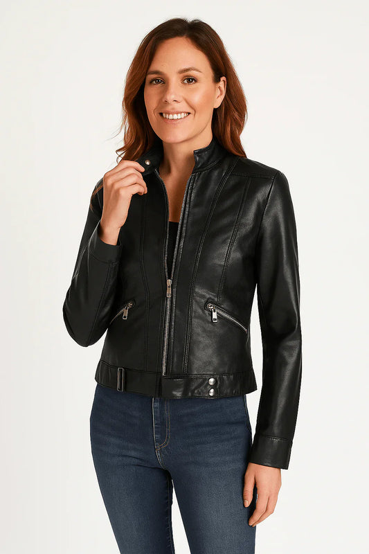 Elegante Damen Lederjacke Slim Fit - IdealeKleiden