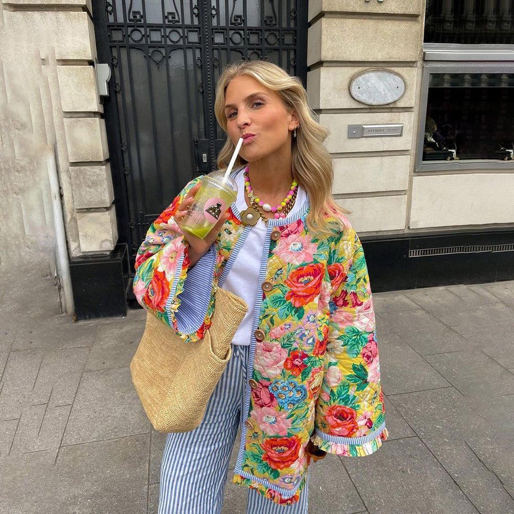 Weite Steppjacke Blumenmuster Knopfverschluss - IdealeKleiden