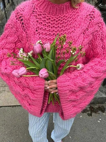 Nola – Großzügiger Damenpullover mit Zopfmuster und Lochärmeln im Boho-Stil