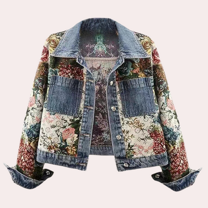 Elegante Damen Denimjacke Blumenmuster Herbstmode