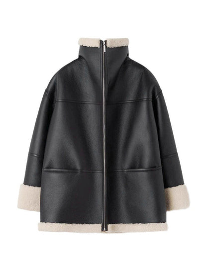 Schaffelljacke Oversized Reißverschluss Wendbar