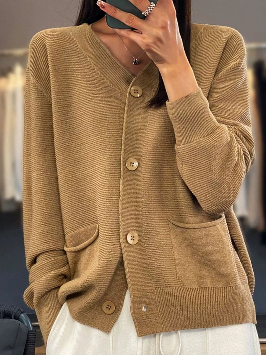 Eleganter Strick-Cardigan Einfarbiger V-Ausschnitt