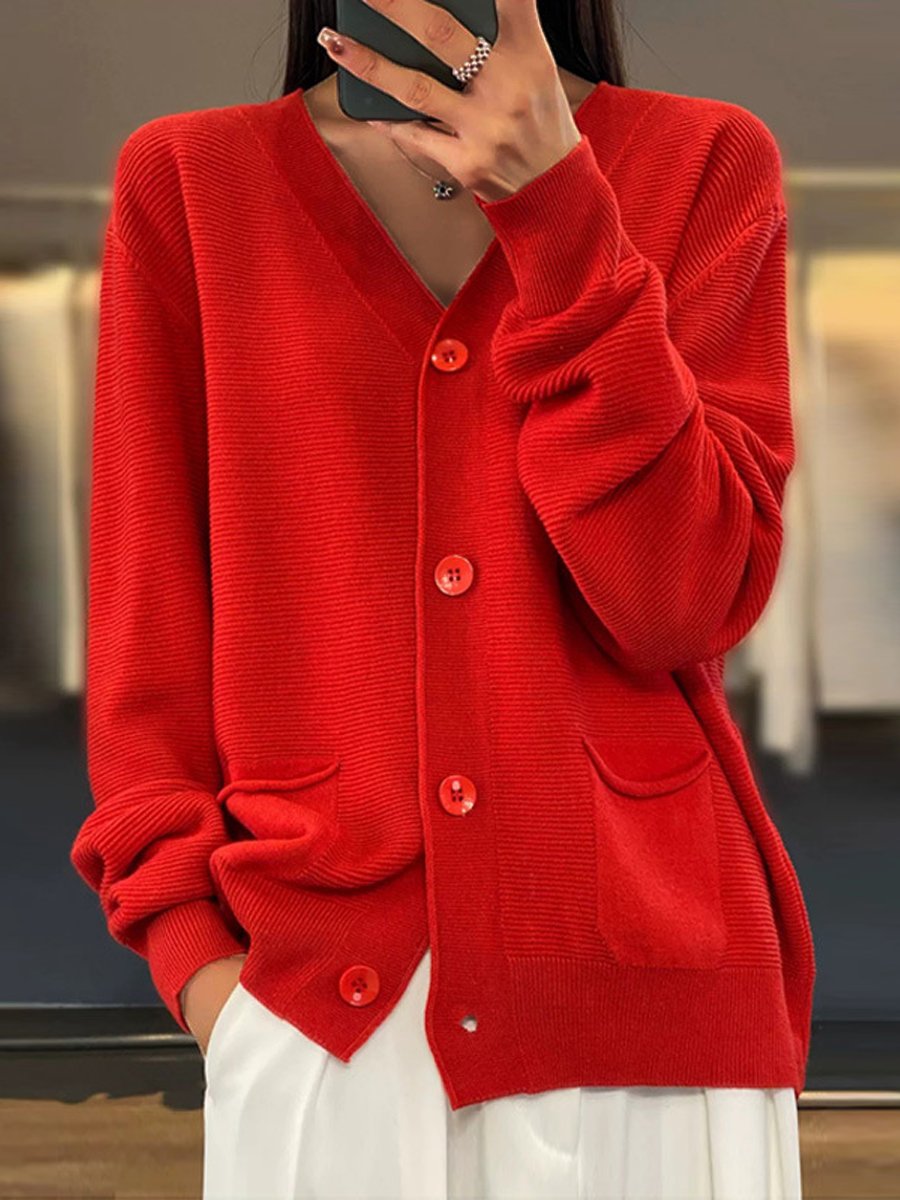 Eleganter Strick-Cardigan Einfarbiger V-Ausschnitt