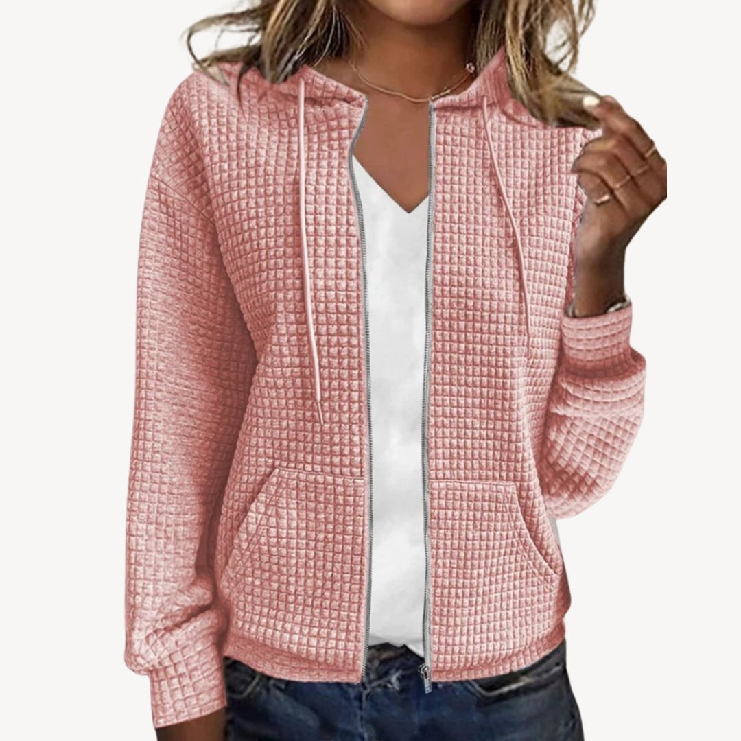 Damen Waffelstrick Kapuzenjacke Mit Reißverschluss