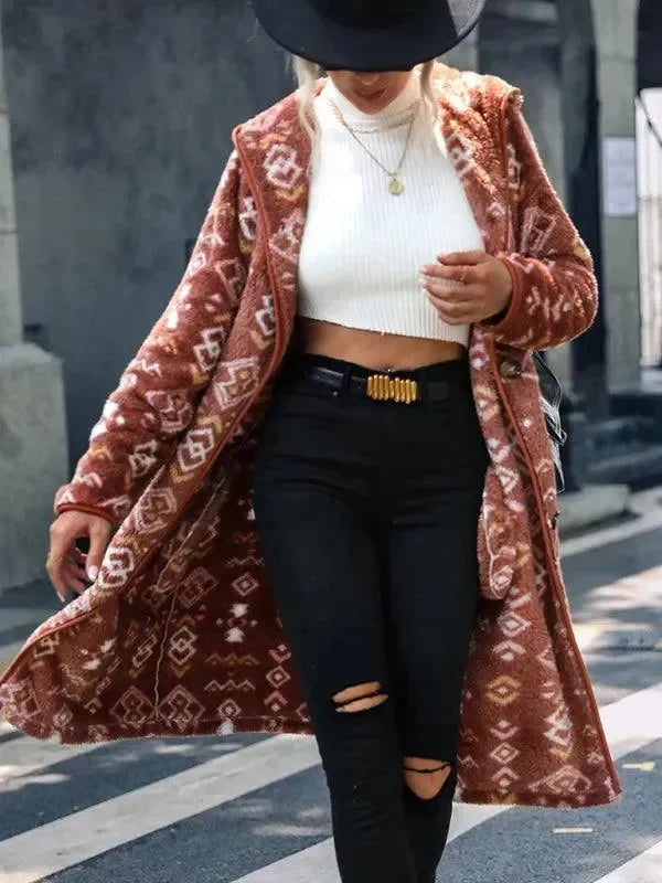 Stylischer Trenchcoat Damen Kapuzenmantel Bedruckt - IdealeKleiden