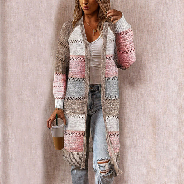 Damen Strickjacke Herbst Lang Gestreift