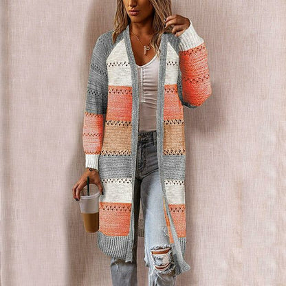 Damen Strickjacke Herbst Lang Gestreift