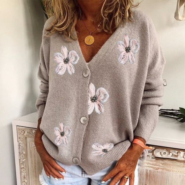 Damen Cardigan Frühling Blumenmuster Strickjacke