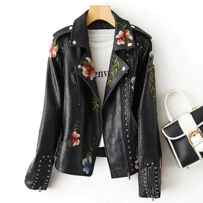 Lederjacke Blumenmuster Frauen