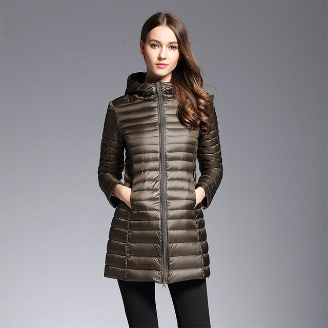 Lange Daunenjacke Kapuze Warm Isolierend