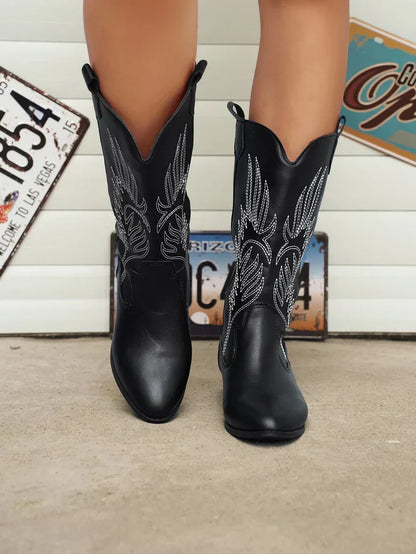Damen Cowboy-Stiefel PU-Leder Weich Schwarz