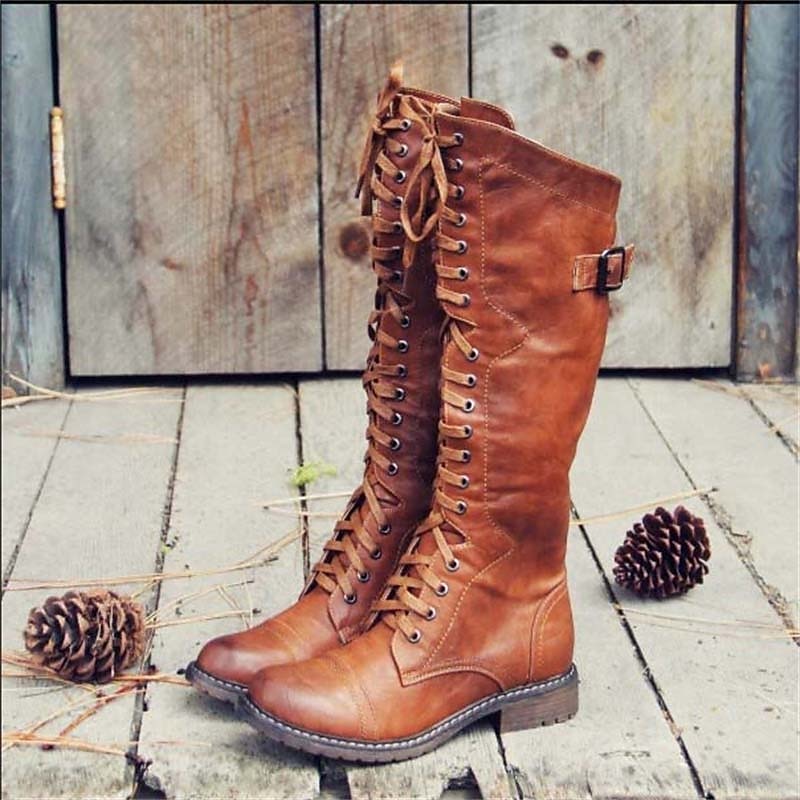 Damen Reitstiefel Hoch Schnürbar Elegant - IdealeKleiden