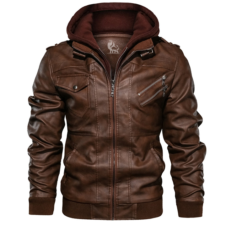 Herren Lederjacke Schwarz mit Abnehmbarer Kapuze