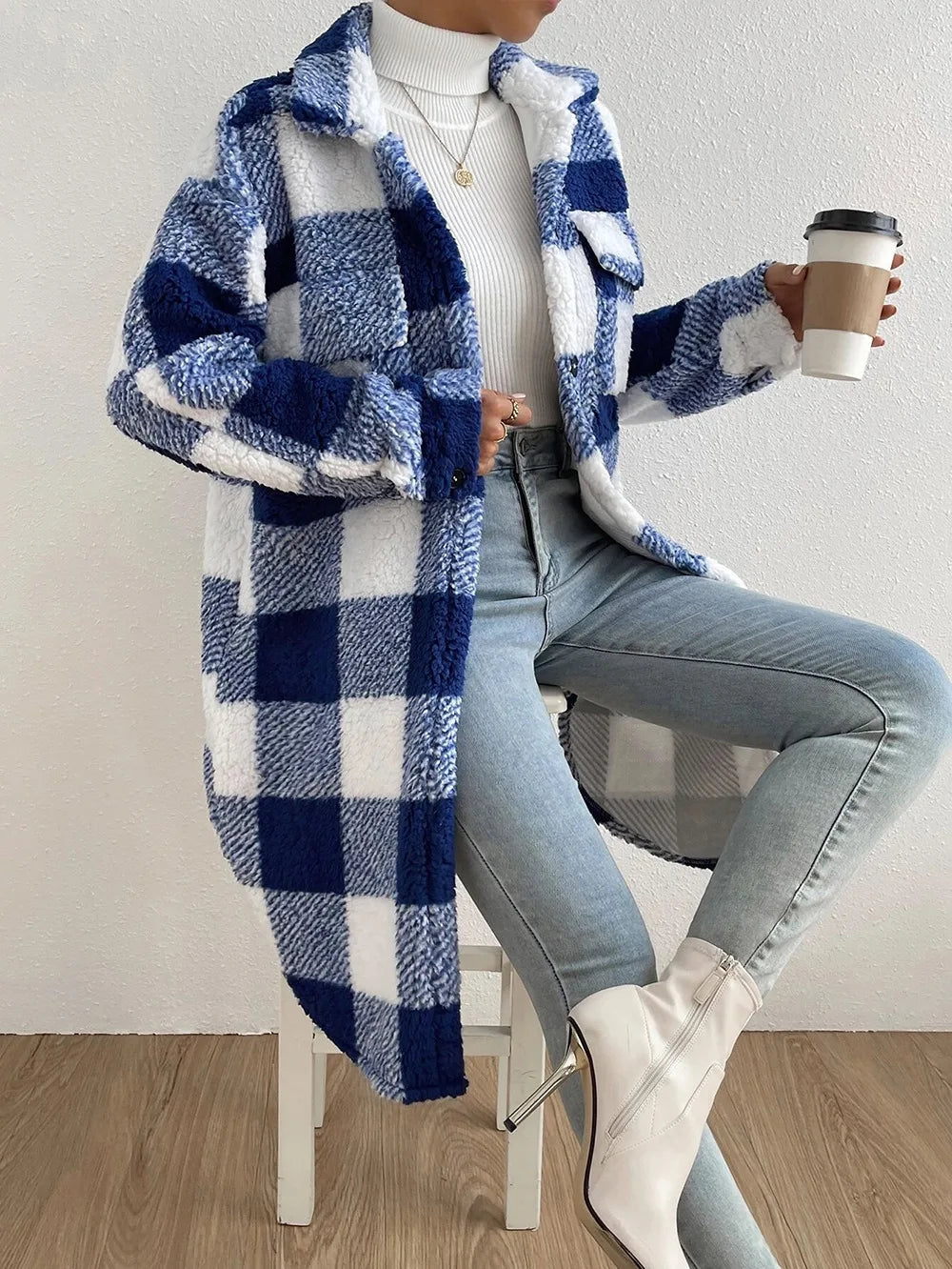 Karierte Strickjacke Damen Lang