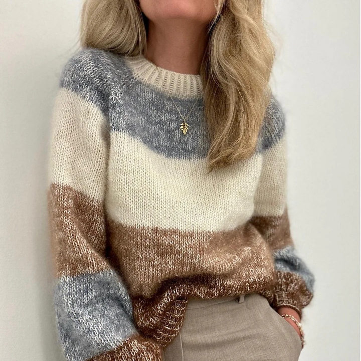 Retro Pullover Frauen Kontrast Farben Rundhals