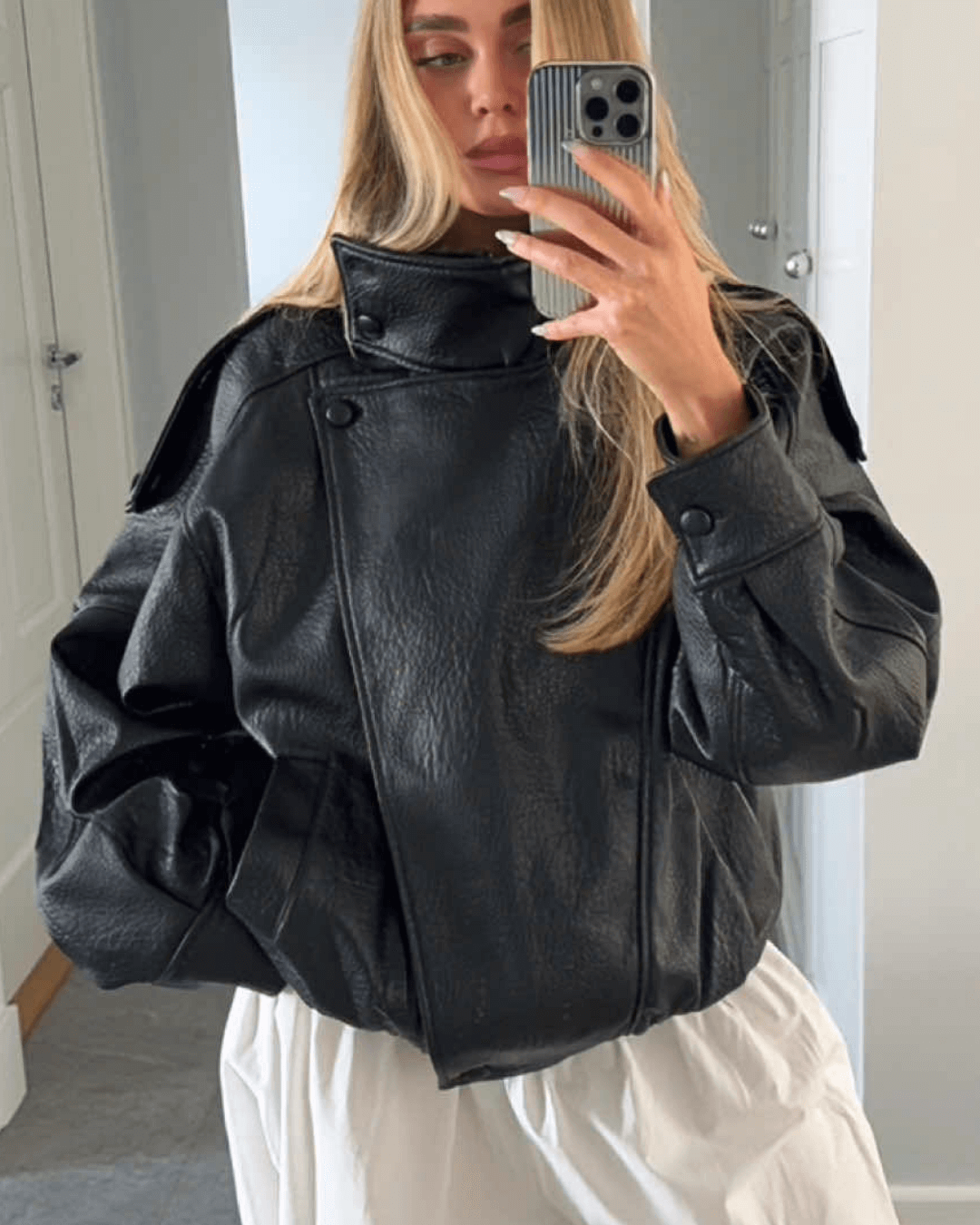 Stylische Lederjacke Asymmetrisch Cut