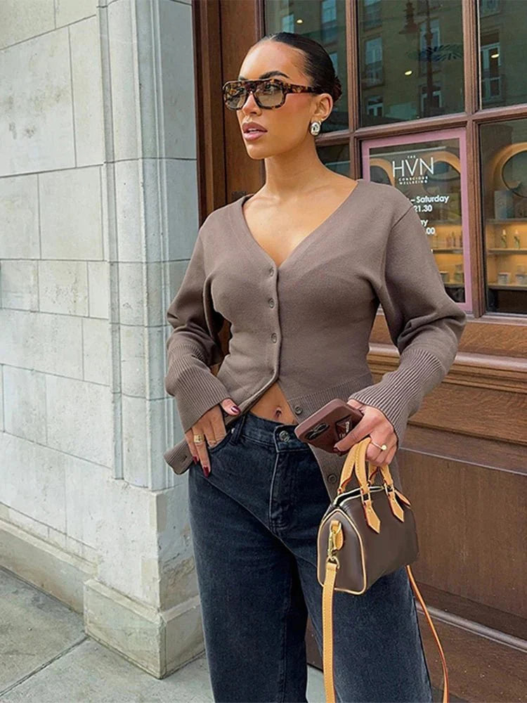 Frauen Strickcardigan V-Ausschnitt Elegent