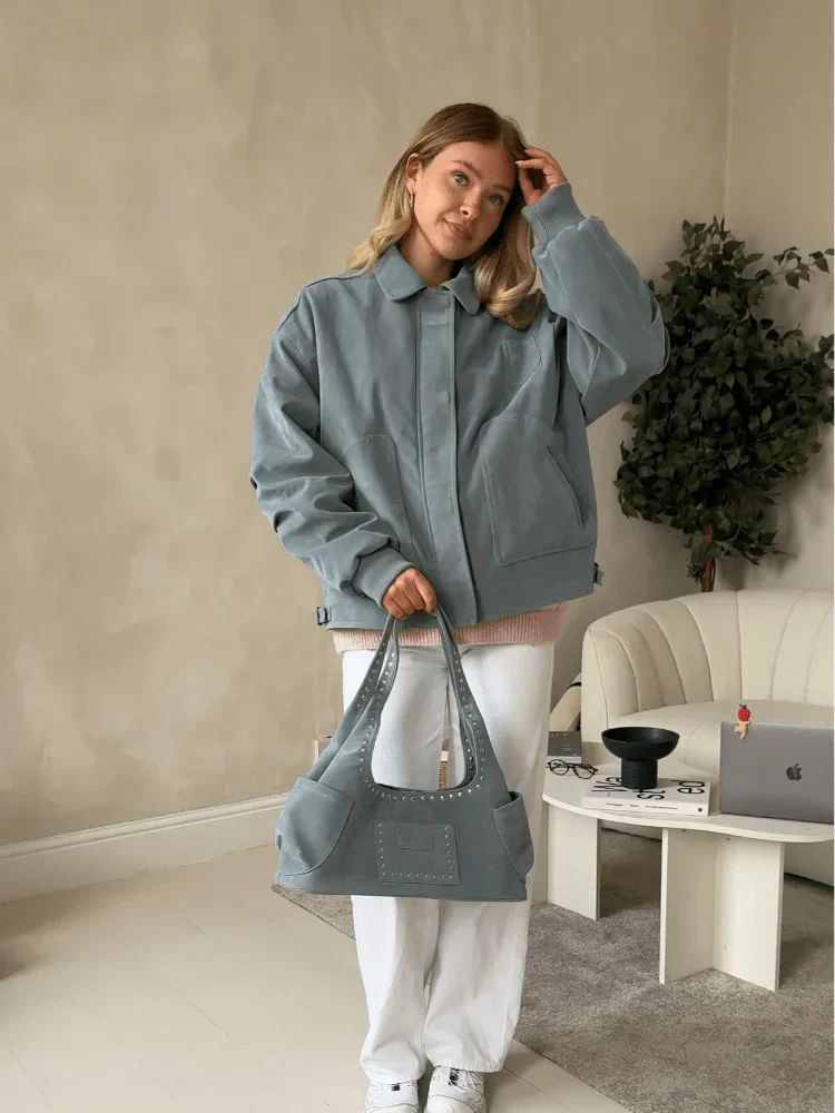 Blaue Lederjacke Soft Wildleder Bomber