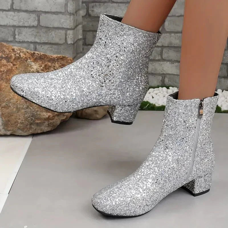 Glitzer Stiefeletten Party Schuhe Hochhackig Blockabsatz
