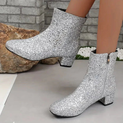 Glitzer Stiefeletten Party Schuhe Hochhackig Blockabsatz