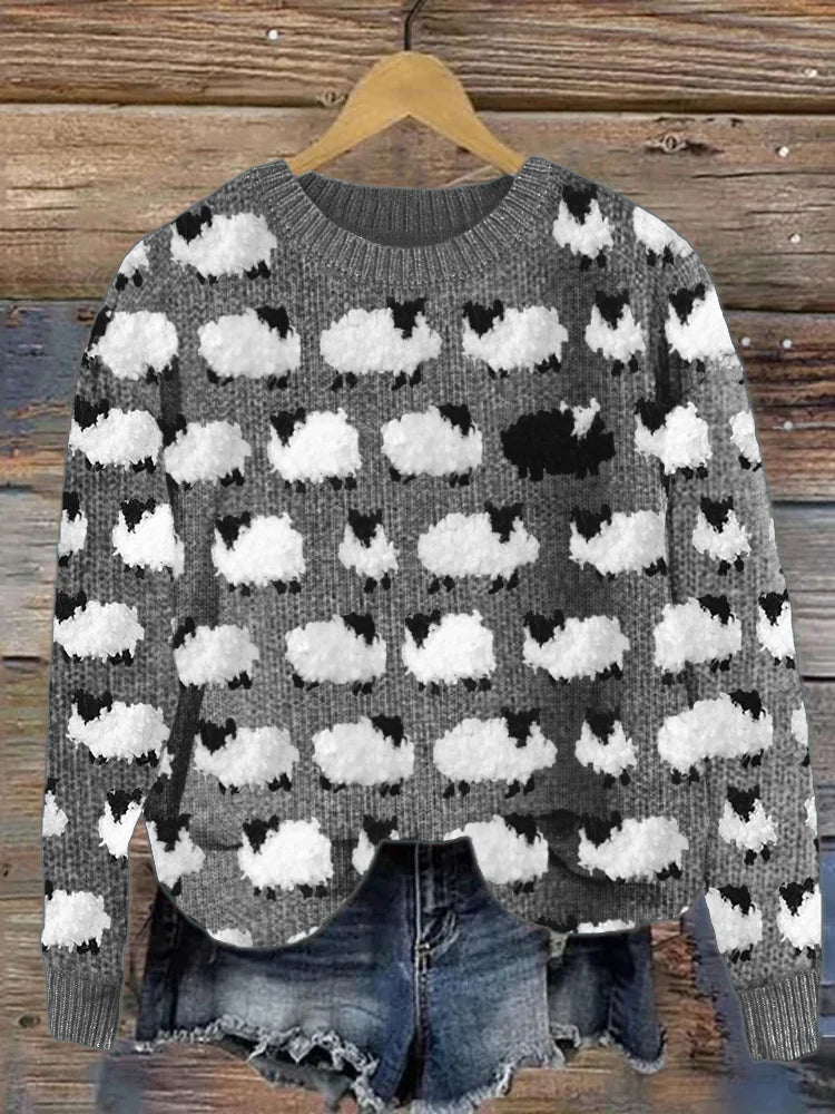 Weiche Strickpullover Schafmuster Warm Winterlustig - IdealeKleiden