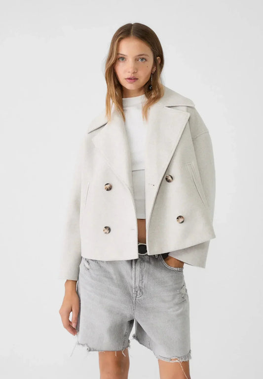 Woll-Peacoat-Jacke Doppelt Knöpfe Kurz Geschnitten Damen - IdealeKleiden