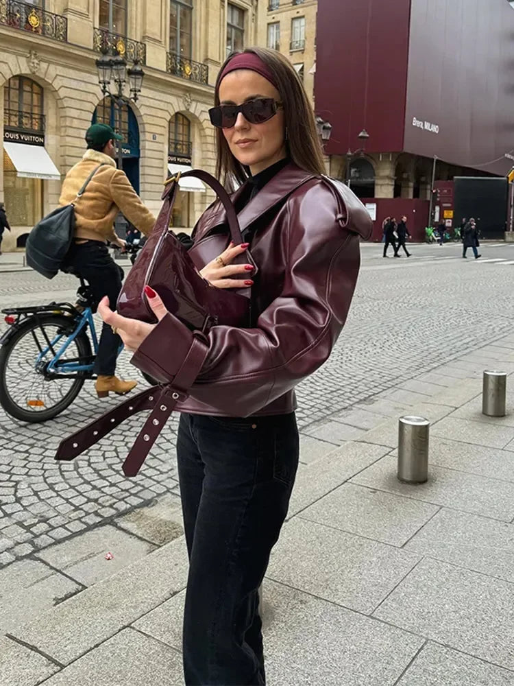 Kurze Lederjacke Damen Rot Reverskragen - IdealeKleiden