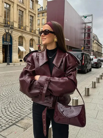 Kurze Lederjacke Damen Rot Reverskragen