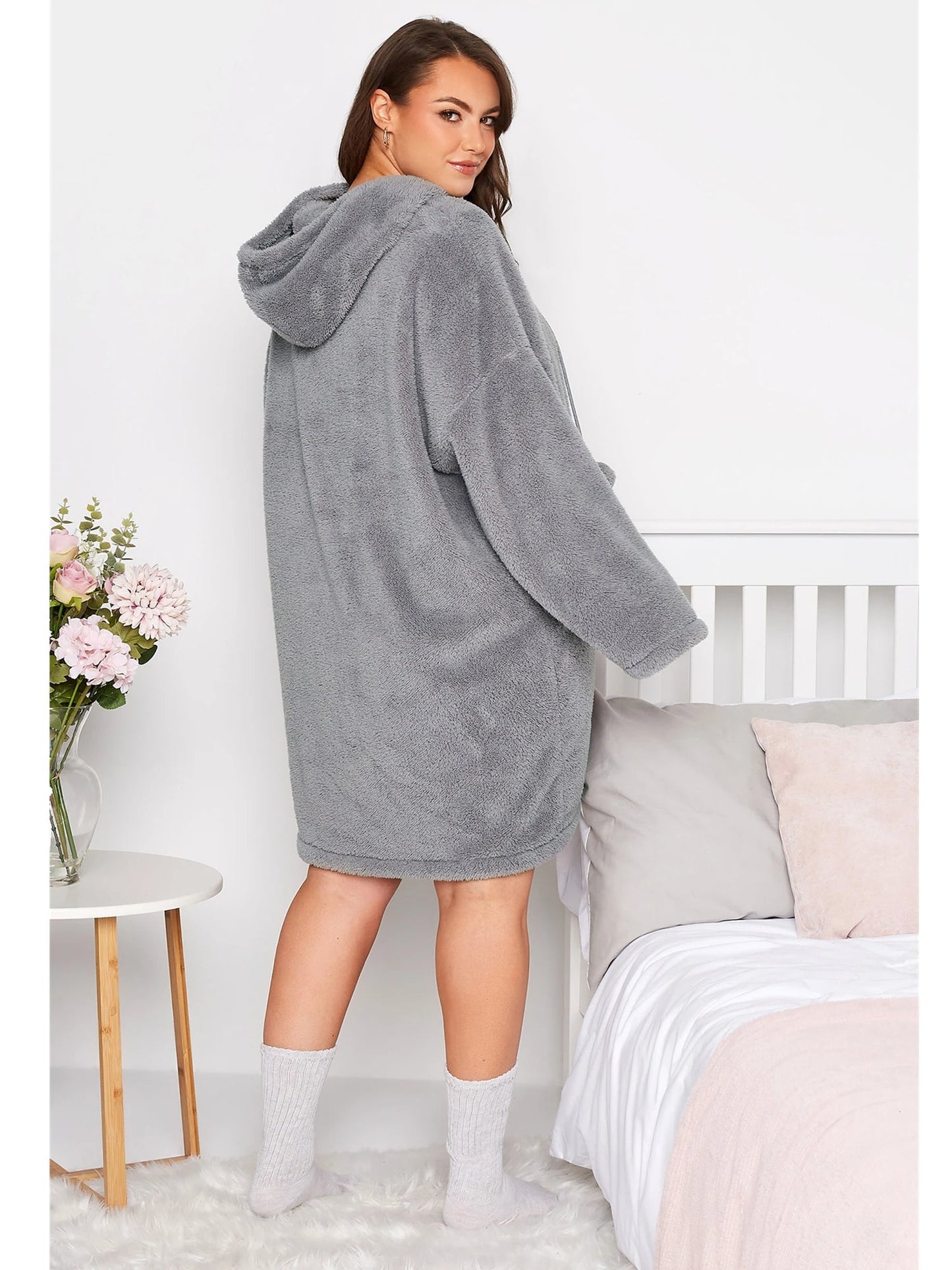 Weiches Übergrößen Hoodie Kleid Teddy Look - IdealeKleiden