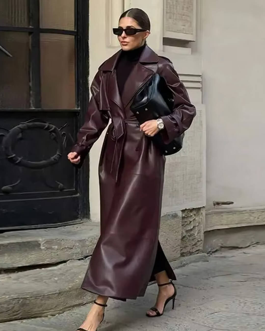 Damen Trenchcoat Kunstleder Schwarz Elegant