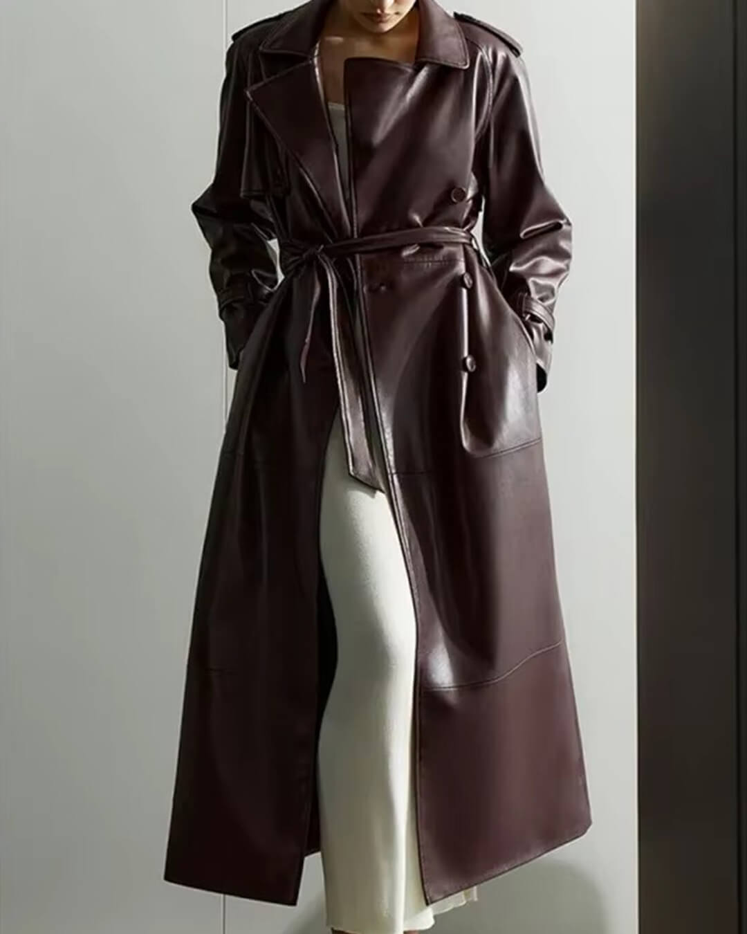 Damen Trenchcoat Kunstleder Schwarz Elegant