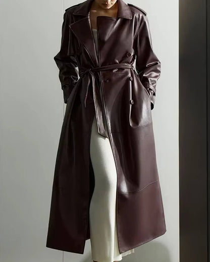 Damen Trenchcoat Kunstleder Schwarz Elegant