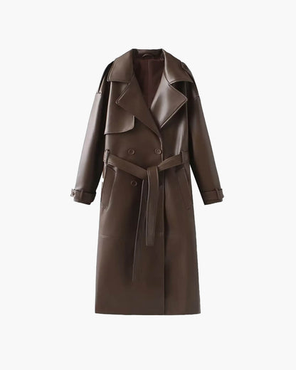 Damen Trenchcoat Kunstleder Schwarz Elegant