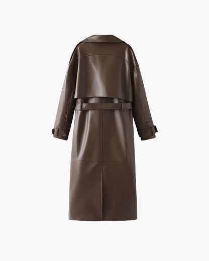 Damen Trenchcoat Kunstleder Schwarz Elegant