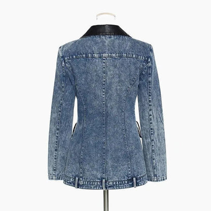 Modische Damenblazer Lederkragen Denim Elegent Schwarz - IdealeKleiden
