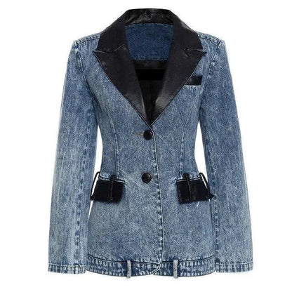 Modische Damenblazer Lederkragen Denim Elegent Schwarz