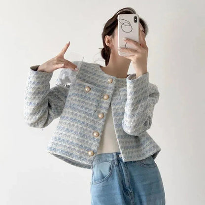 Stylisher Tweed-Mantel Streifenmuster Damenjacke