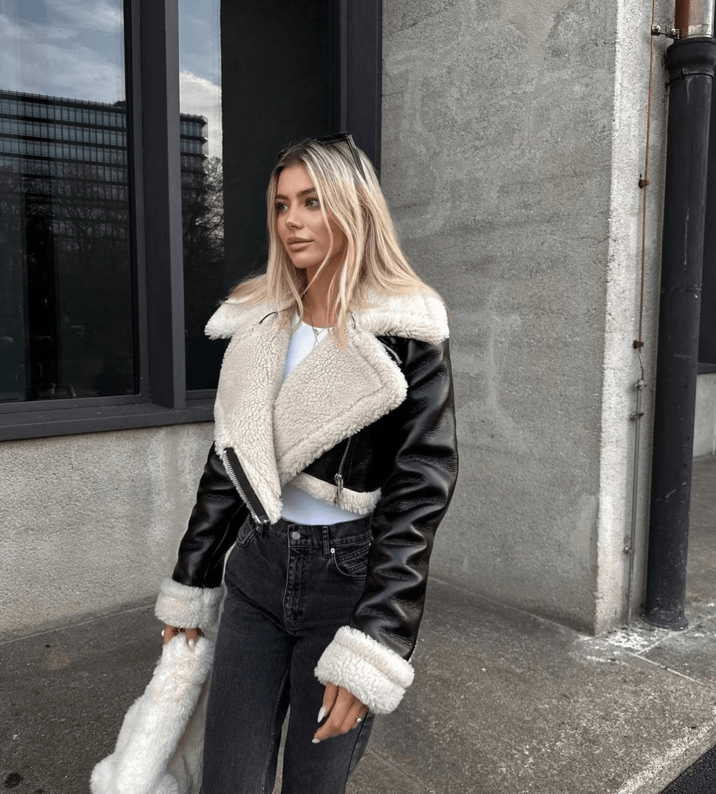 Elegante Lederjacke Warm Kunstfell Mantel