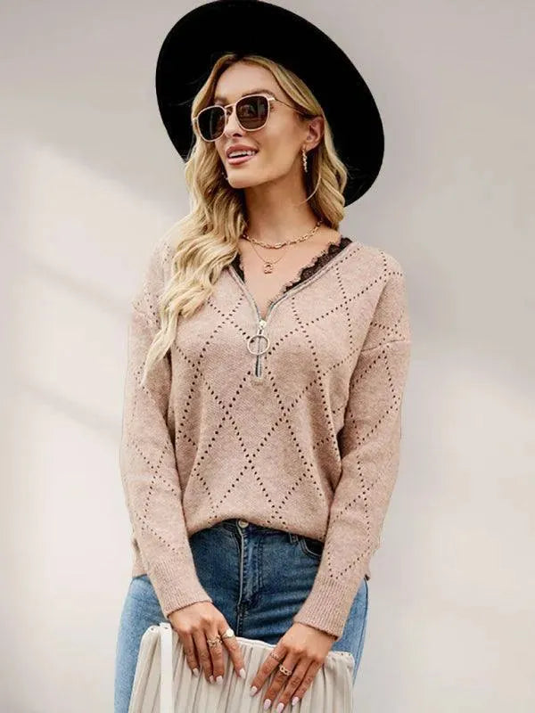 Elegantes Frauen Oberteil | Reißverschluss Pullover Top Modern