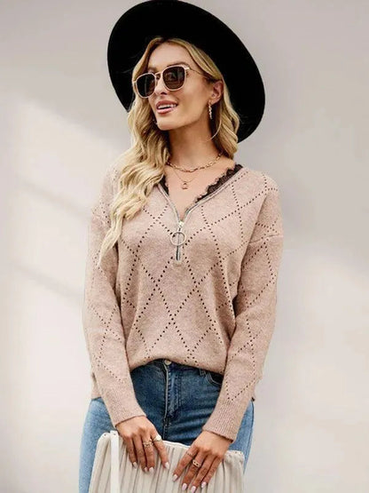 Elegantes Frauen Oberteil | Reißverschluss Pullover Top Modern