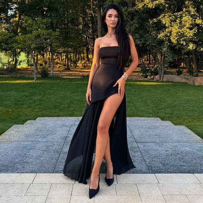 Valentina - Asymmetrisches Abendkleid mit Chiffon-Schleppe & Hochschlitz