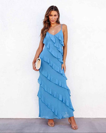 Valentina – Romantisches Maxikleid mit Rüschen und dünnen Trägern