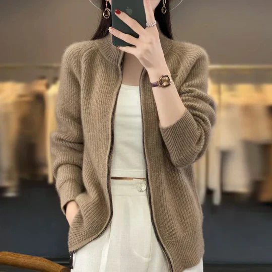 Eleganter Wollcardigan Reißverschluss Damen - IdealeKleiden