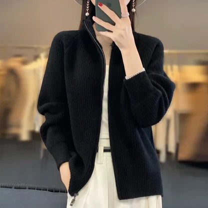 Eleganter Wollcardigan Reißverschluss Damen