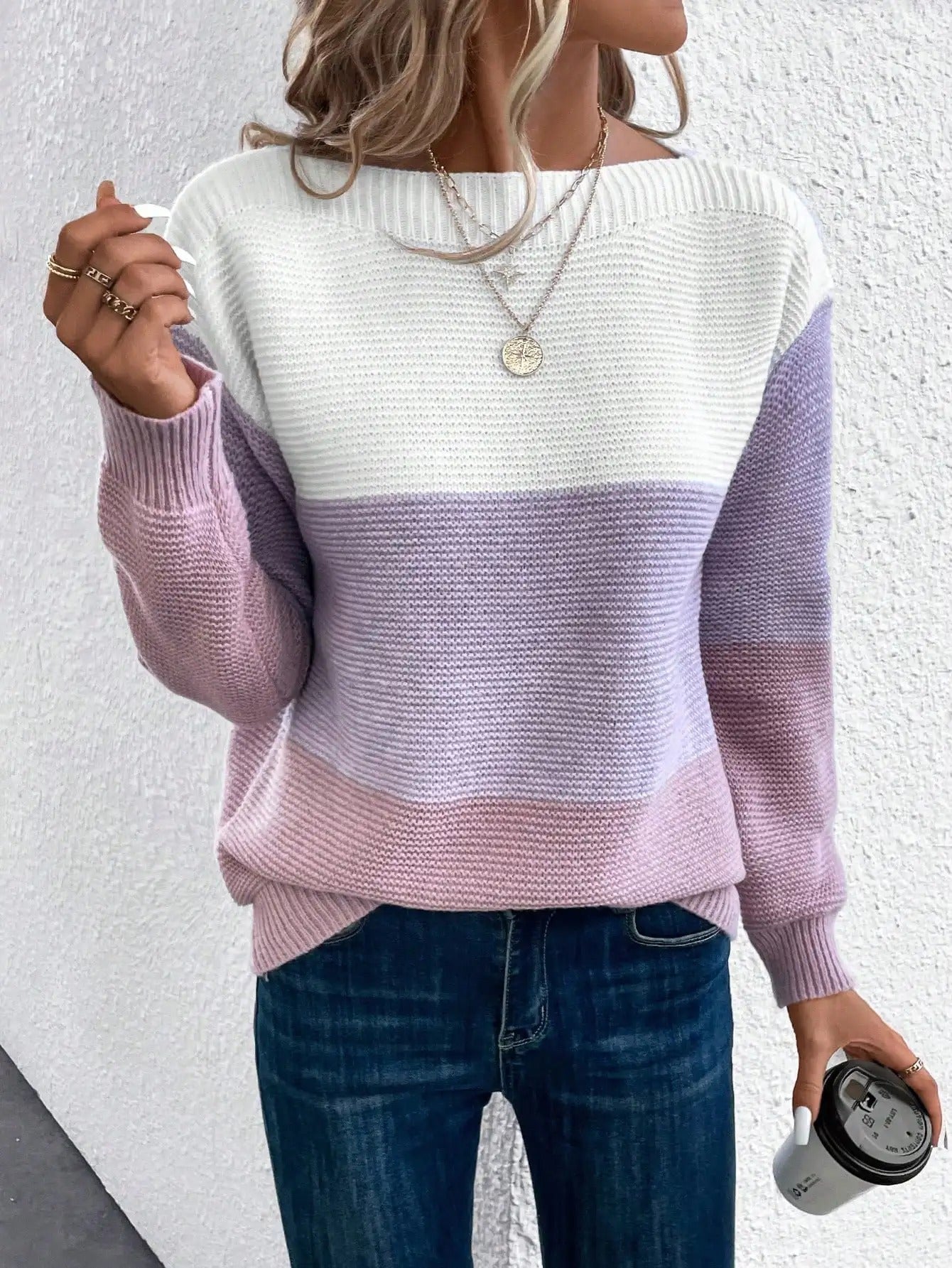 Modischer Patchwork Pullover Dreifarben Elegant