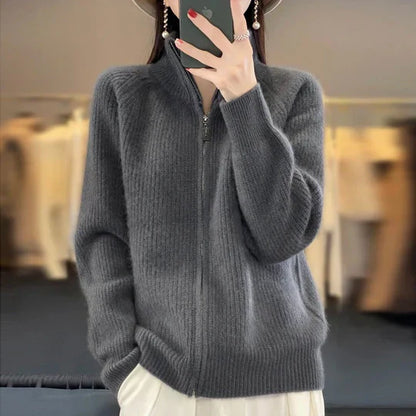 Eleganter Wollcardigan Reißverschluss Damen