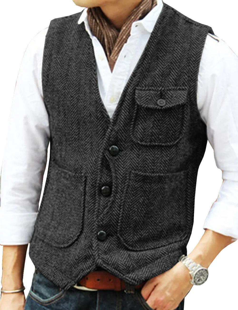 Herren Weste Tweed Elegant Kurzarmfrei - IdealeKleiden