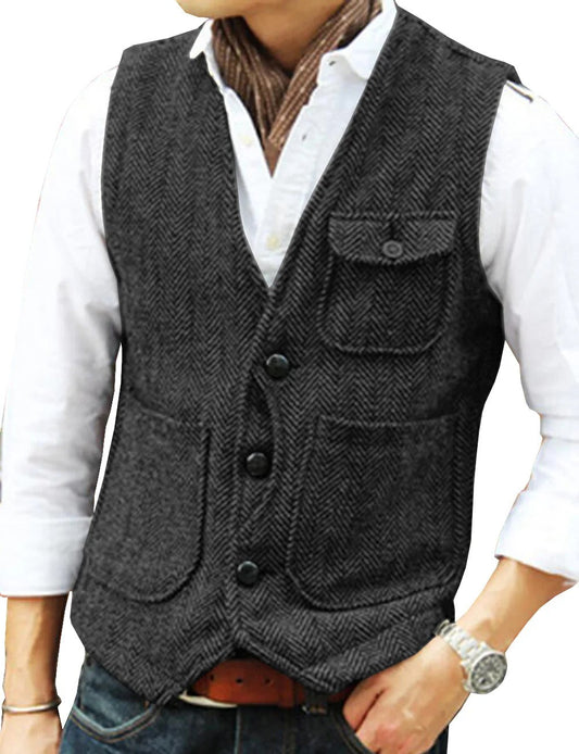 Herren Weste Tweed Elegant Kurzarmfrei - IdealeKleiden
