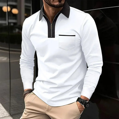 Herren Poloshirt Langarm Kontrastkragen Reißverschluss