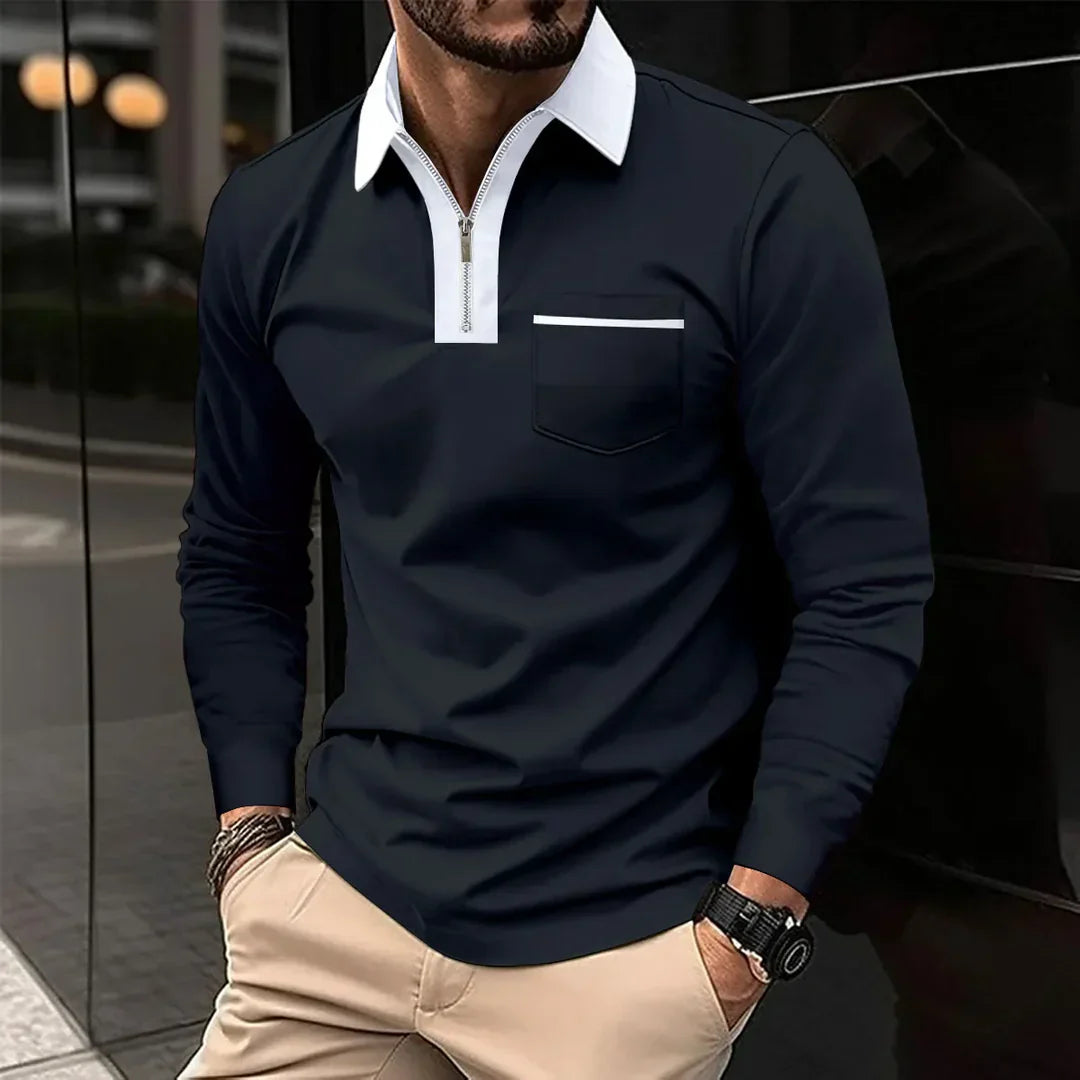 Herren Poloshirt Langarm Kontrastkragen Reißverschluss